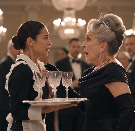 A waitress carrying champagne through a luxury ballroom suddenly made a powerful woman stop dead in her tracks