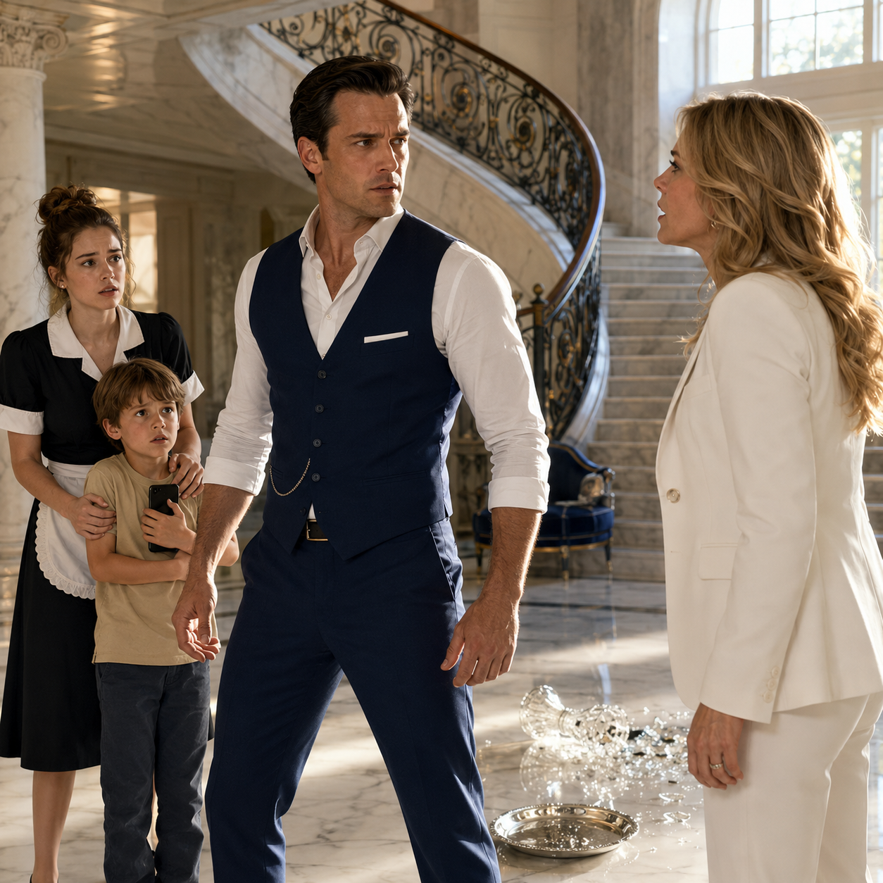 **The Maid Was Kneeling in Tears—Then Her 7-Year-Old Son Made One Call to the Mansion’s Owner**