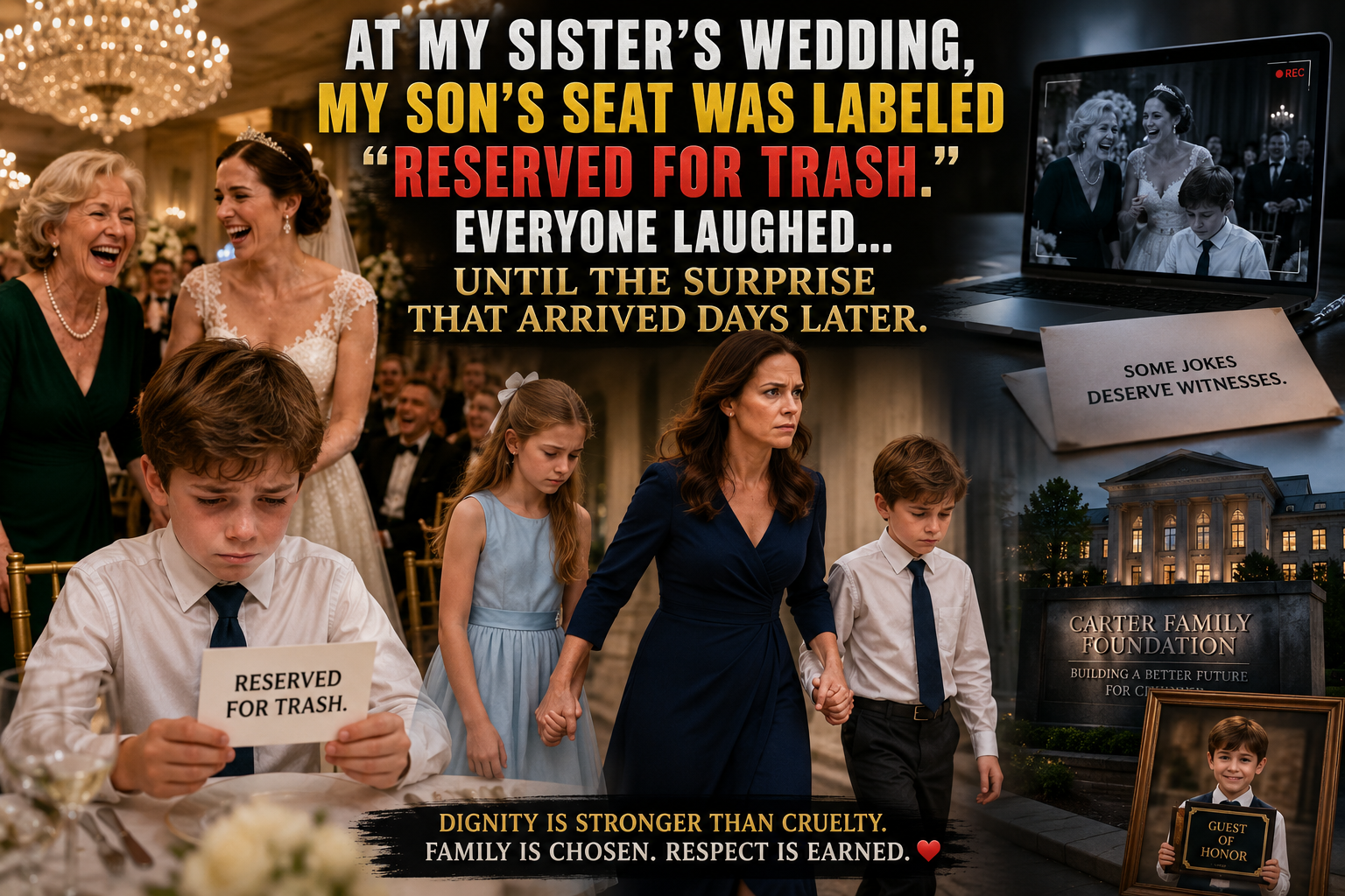 At My Sister’s Wedding, My Son’s Seat Was Labeled “Reserved for Trash.” Everyone Laughed... Until the Surprise That Arrived Days Later.