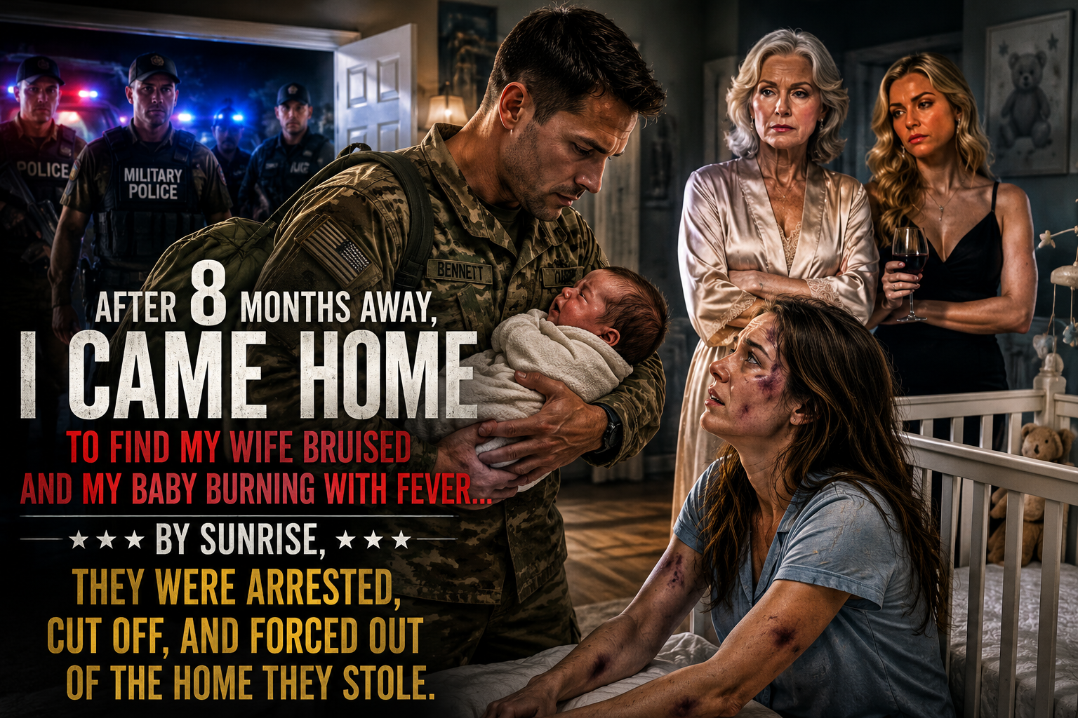 After Eight Months Away on Military Duty, I Came Home to Find My Newborn Son Burning With Fever and My Wife Curled Up Beside His Crib, Her Arms Covered in Bruises.