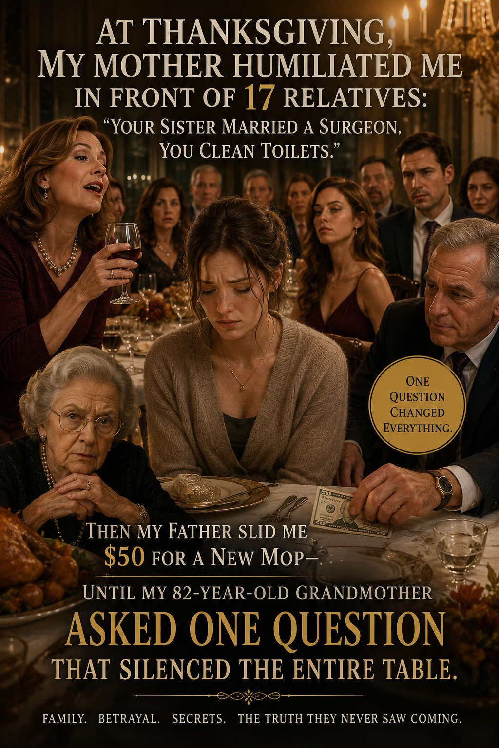 At Thanksgiving, My Mother Humiliated Me in Front of 17 Relatives: “Your Sister Married a Surgeon. You Clean Toilets.” Then My Father Offered Me $50 for a New Mop, Until My 82 Year Old Grandmother Asked One Question That Silenced the Entire Table