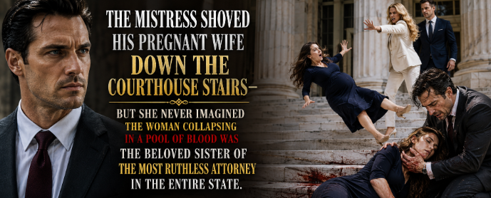 The mistress shoved his eight-month pregnant wife down the courthouse steps—but she never imagined the woman collapsing in a pool of blood was the beloved sister of the most ruthless attorney in the entire state.