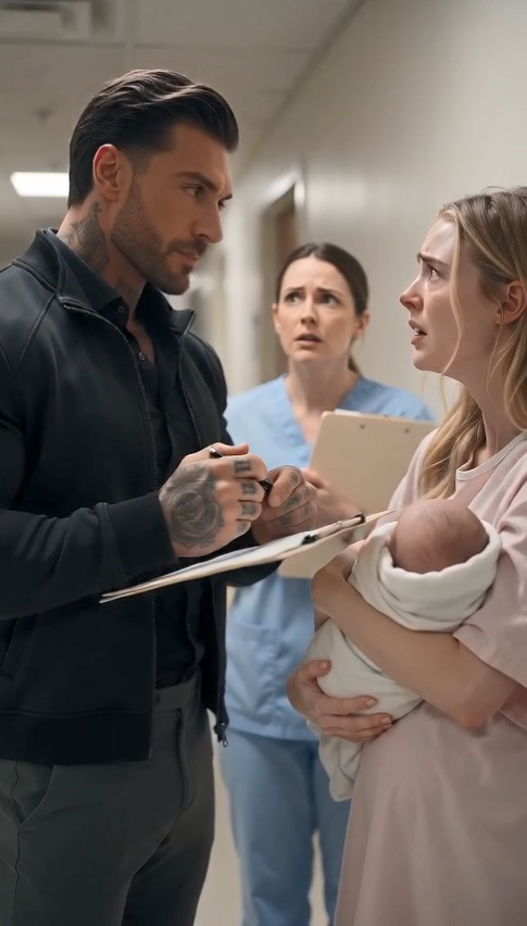 MY HUSBAND ABANDONEDs ME AND OUR NEWBORN AT THE HOSPITAL—THEN A TATTOOED STRANGER SIGNED THE “FATHER” LINE… AND REVEALED THE SECRET THAT BROUGHT MY EX-HUSBAND TO HIS KNEES
