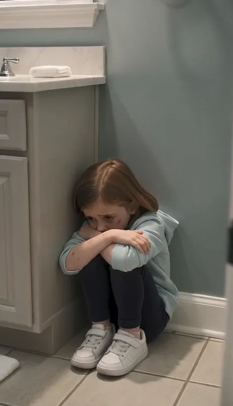 At the family party, I found my four-year-old daughter hiding in a dark bathroom with a bruised face and strange round marks covering her tiny arms.