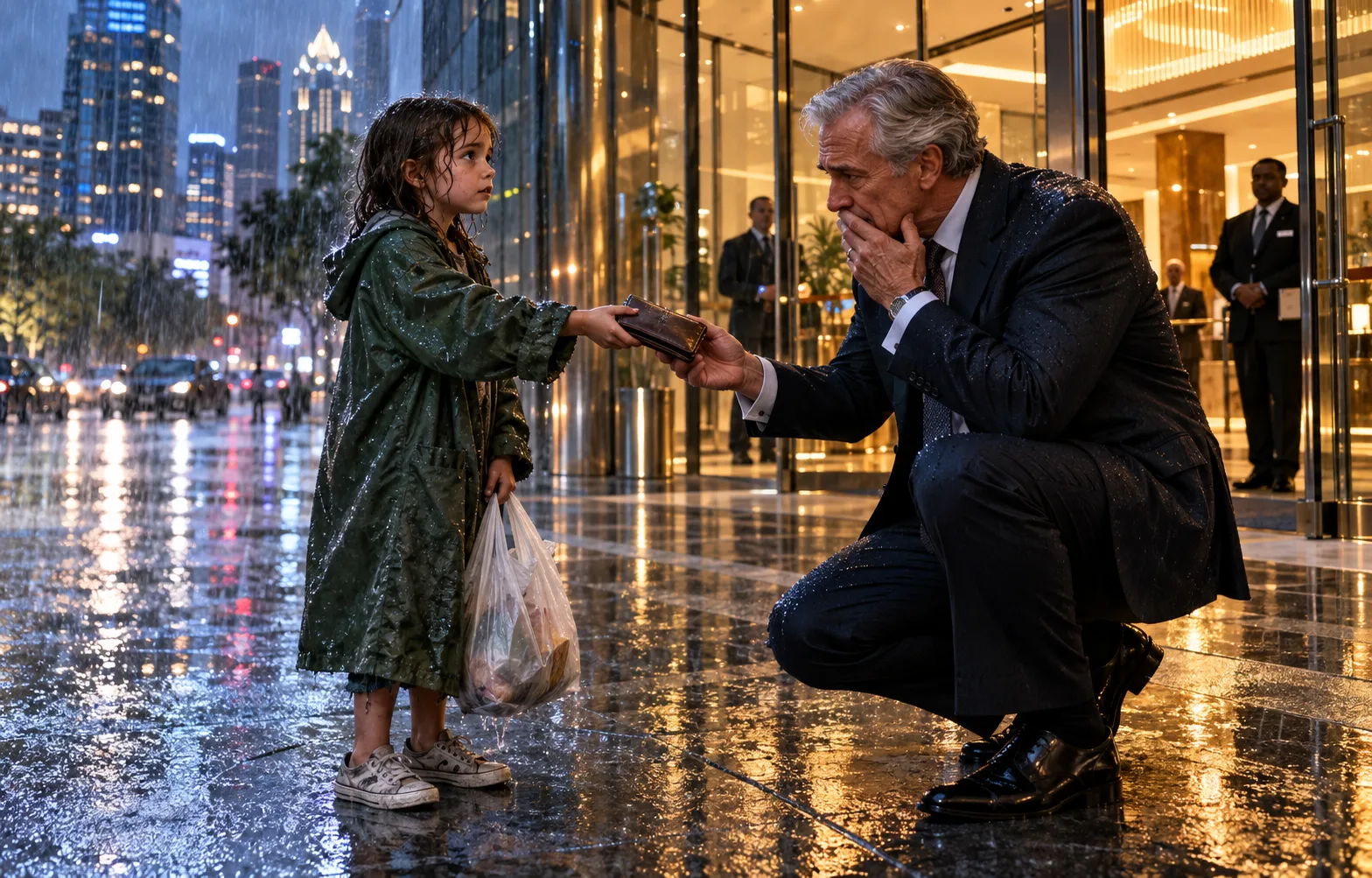 An eight-year-old girl stood in the pouring rain for nearly two hours just to return a millionaire’s wallet.
