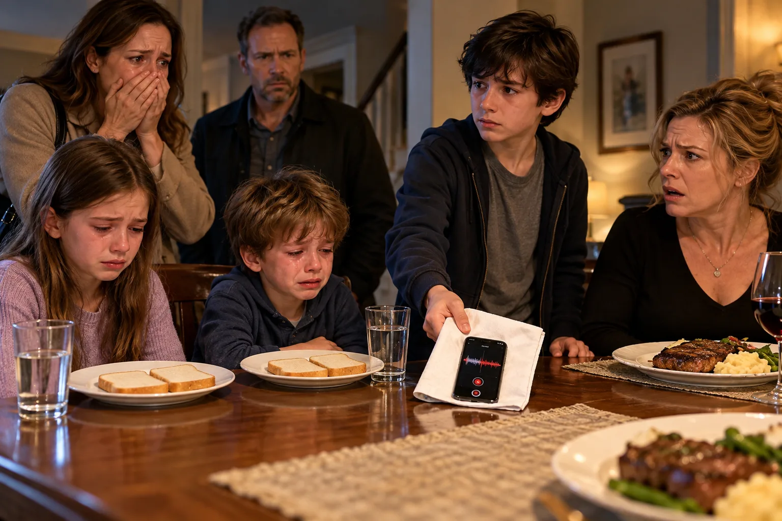 MY 10-YEAR-OLD DAUGHTER CALLED ME FROM A LOCKED BATHROOM WHILE HER LITTLE BROTHER CRIED OVER TWO SLICES OF BREAD. THEN MY STEPSON STOOD UP AND EXPOSED THE SECRET HIS MOTHER HAD BEEN HIDING.