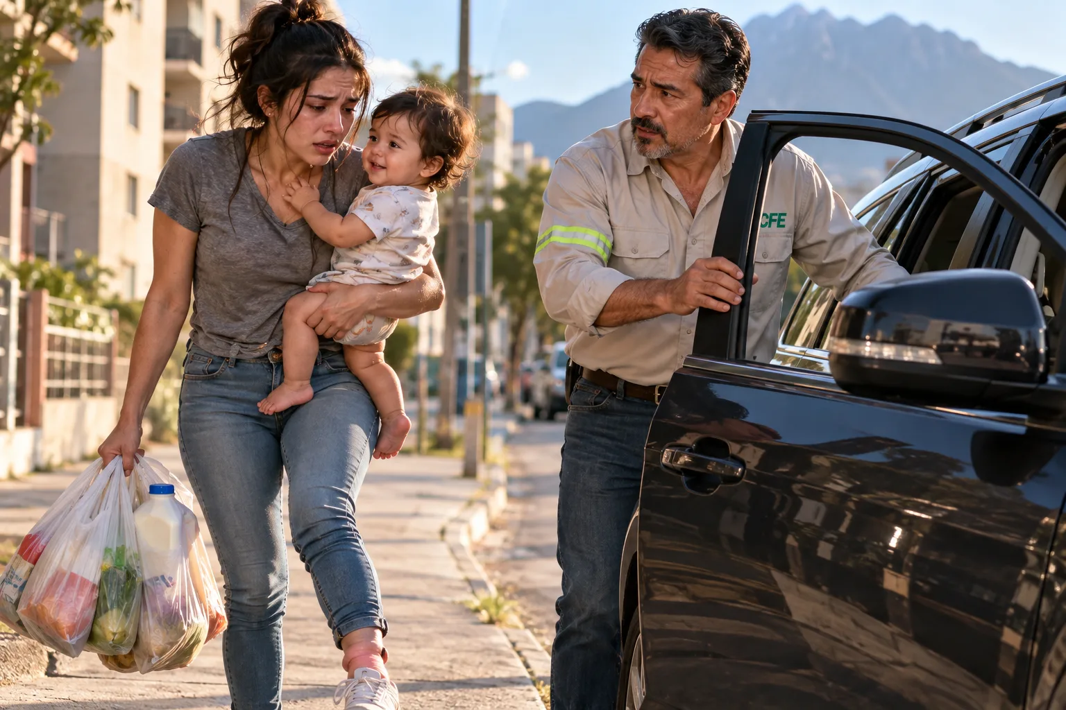 My father spotted me struggling down the street, my baby balanced on one hip and grocery bags hanging from my other arm.