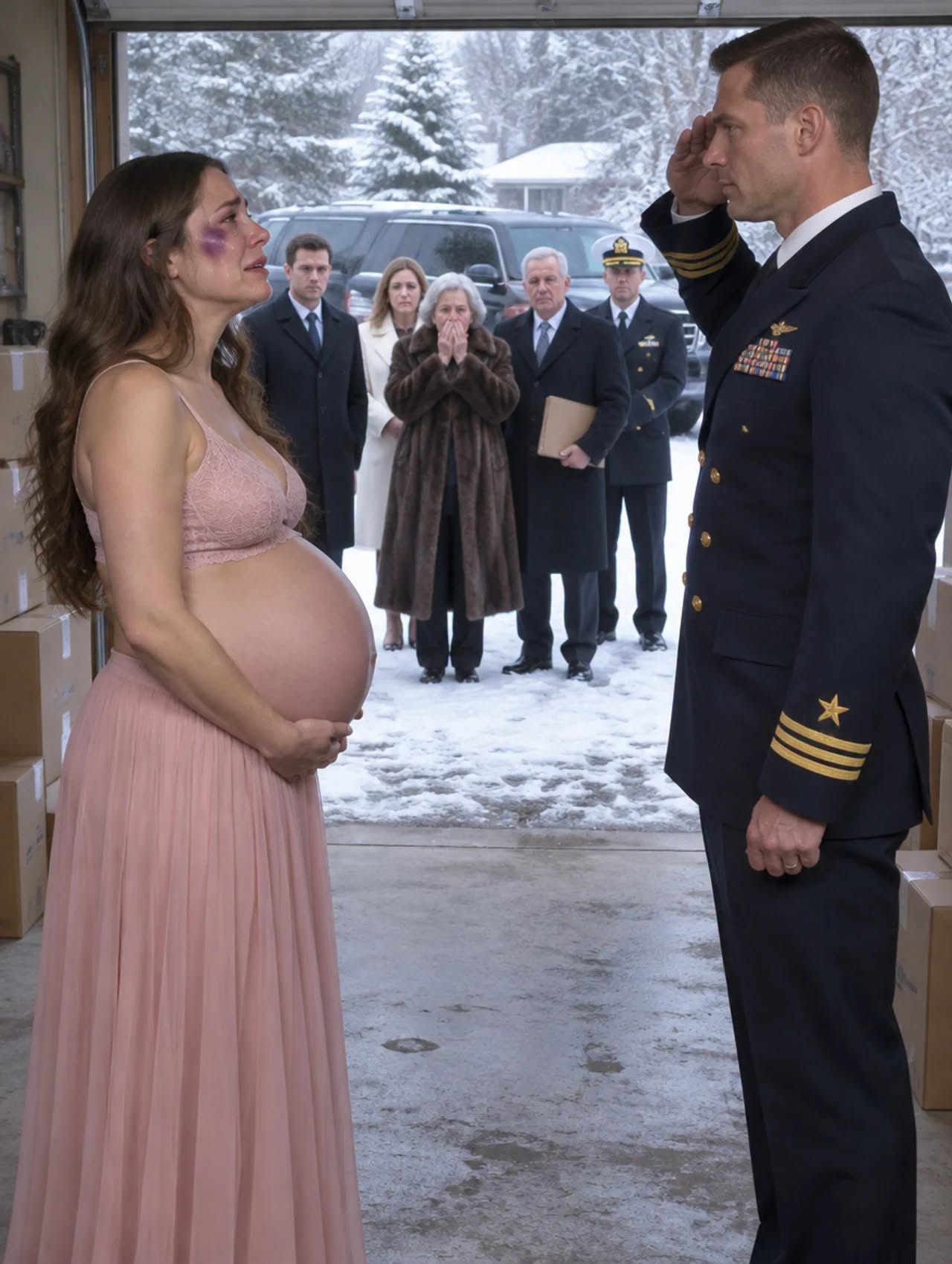 " HOURS AFTER MY HUSBAND’S MILITARY FUNERAL, MY FAMILY FORCED ME INTO A FREEZING GARAGE WHILE I WAS FIVE MONTHS PREGNANT. THEY THOUGHT I WAS A HELPLESS WIDOW—UNTIL THREE MILITARY VEHICLES ARRIVED, AND A SOLDIER SALUTED ME.