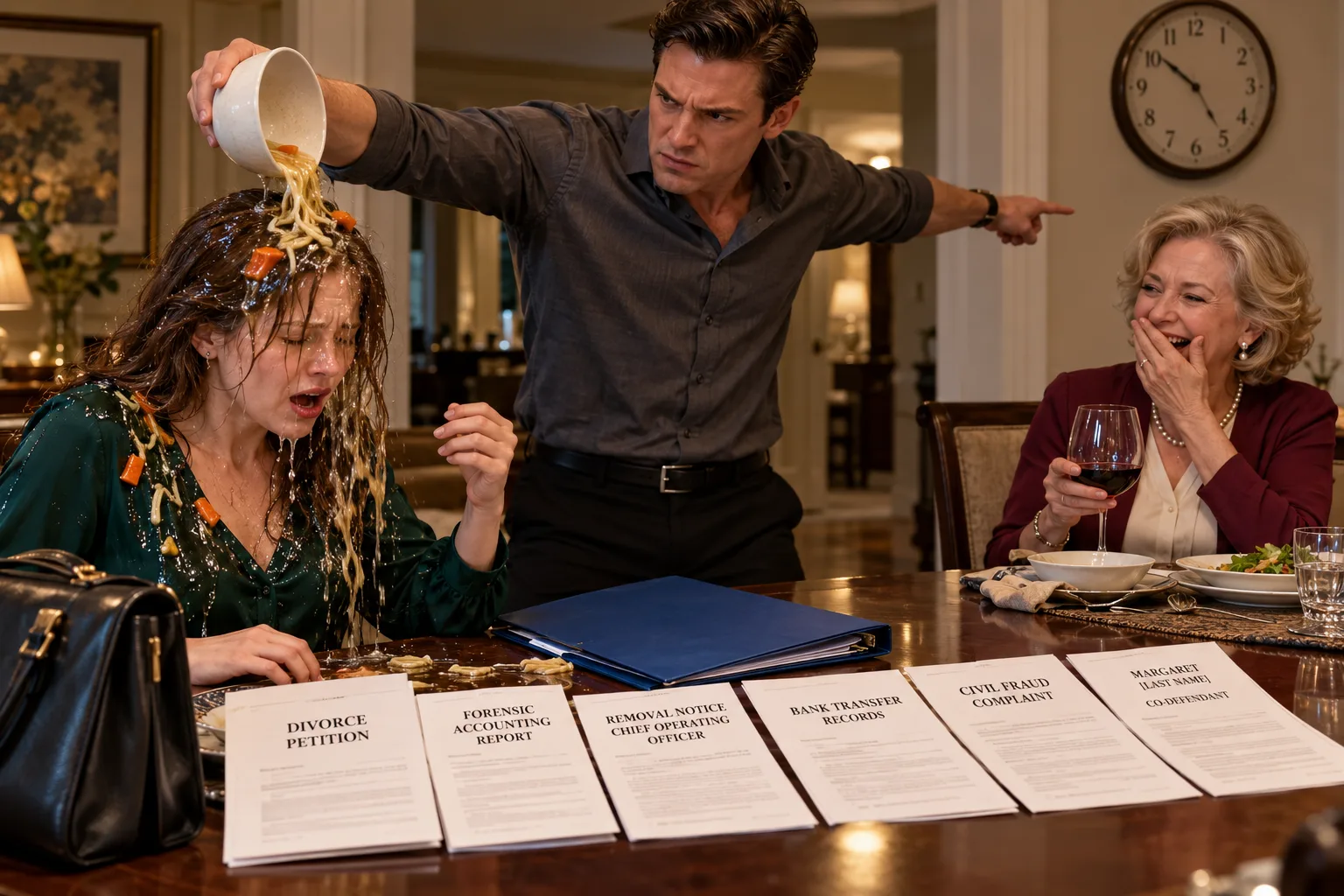 My Husband Dumped Dinner Over My Head While His Mother Laughed— Then he said "You've got 10 minutes to get out." I wiped my face pulled some papers from my bag laid them on the table and said calmly "You're right." 10 minutes later...