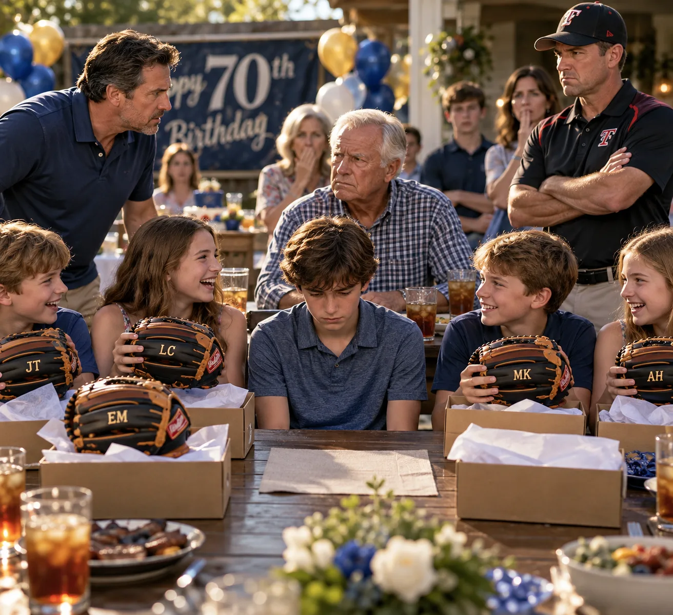 AT MY FATHER’S 70TH BIRTHDAY, HE GAVE SIX GRANDCHILDREN BRAND-NEW BASEBALL GLOVES—BUT LEFT MY 13-YEAR-OLD SON EMPTY-HANDED. THEN HE SAID SOMETHING THAT MADE MY SON REVEAL THE TRUTH IN FRONT OF EVERYONE.