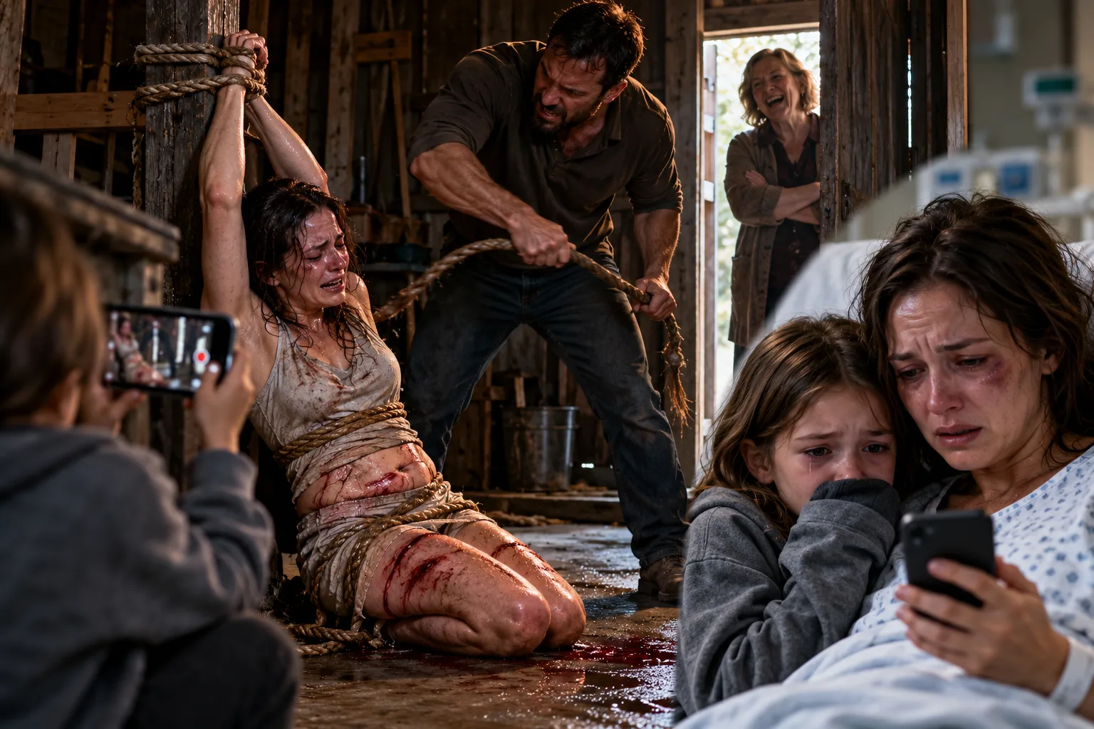 My husband dragged me into the shed, tied my hands to a wooden beam, and lashed my thighs and stomach with a wet rope.