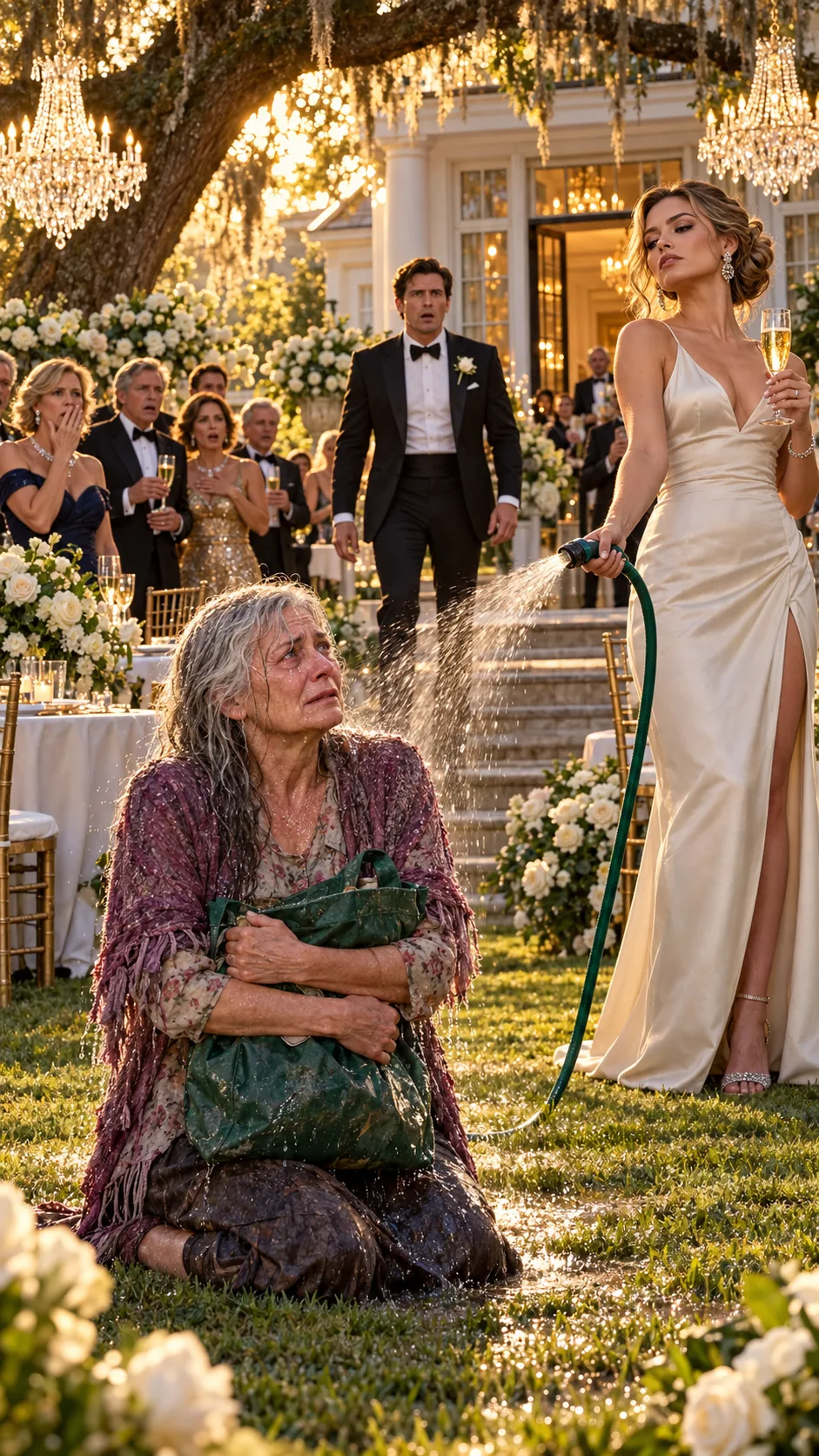  "During my son’s engagement celebration, his future bride blasted me with a garden hose in front of thirty guests and sneered,  “Beggars don’t belong at weddings like this.”