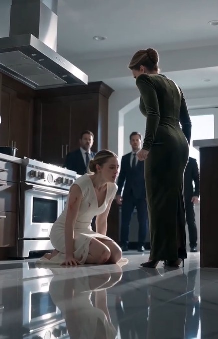 The kitchen falls into a heavy silence.  The phone on the marble counter keeps playing the video. The polished woman on screen—no longer fragile, no longer cornered—leans slightly forward, her eyes calm but cutting.