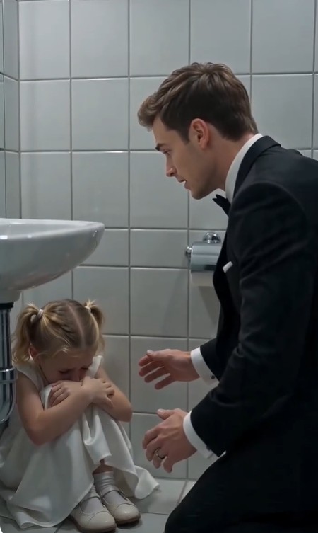 The little girl’s lips trembled.  Her eyes darted toward the bathroom door, as if even silence outside could hear her.  “She… she told me not to say names,” the girl whispered.  The groom stayed kneeling, trying to keep his voice steady. “You’re safe. No one is going to hurt you here. Just tell me what you can.”