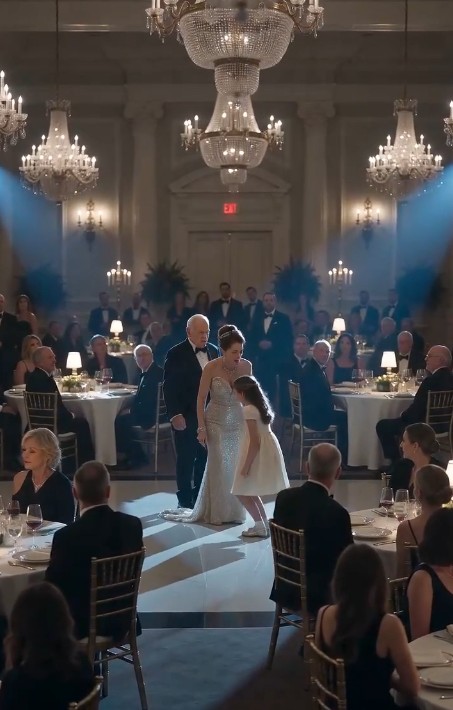 The magnificent banquet hall suddenly fell into absolute silence.  Crystal chandeliers glittered above rows of wealthy guests dressed in designer gowns and tailored suits.  Laughter echoed through the room.