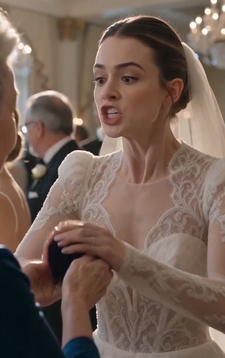 At first, everyone assumed the old woman had simply wandered in by mistake.  She stood just inside the entrance of the grand wedding ballroom, wearing a worn gray coat, simple black flats, and a plain navy dress that looked almost lost beneath the glitter of crystal chandeliers. In her shaking hands, she held a small velvet box tied carefully with a faded blue ribbon.