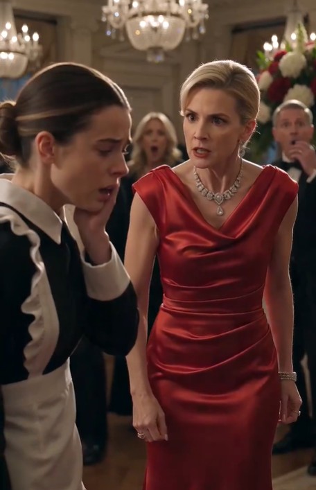 The video opens in the middle of a dramatic scene at an upscale party.  A woman in a stunning red dress, appearing to be either the hostess or a guest of honor, suddenly lashes out at a young waitress wearing a white shirt and black apron.
