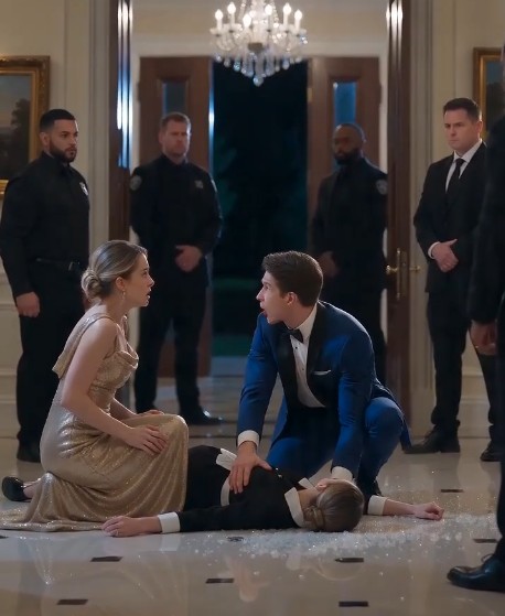 The grand ballroom falls into a stunned silence as security floods the staircase area. The young man in the blue tuxedo—now identified as the host’s son—orders everyone to remain in place.
