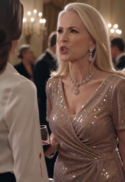 The ballroom falls into a tense silence after the announcement. The blonde woman freezes, her hand still trembling from the slap. Murmurs ripple through the crowd like wildfire—names, rumors, disbelief.