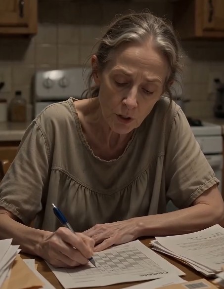 The kitchen feels smaller now, suffocating under the weight of the doctor’s words.  The mother—Denise—freezes mid-motion, her hand still pressed on the table. For the first time, her eyes lift from the crossword puzzle. Not toward her daughter… but toward the man in scrubs with a sharp, warning stare.