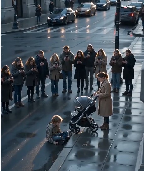 The street stayed silent for a few seconds longer than it should have.  Then the woman in the cream coat stepped closer to the boy.  Not fast. Not dramatic. Just careful—like she was afraid one wrong movement would break something already fragile.