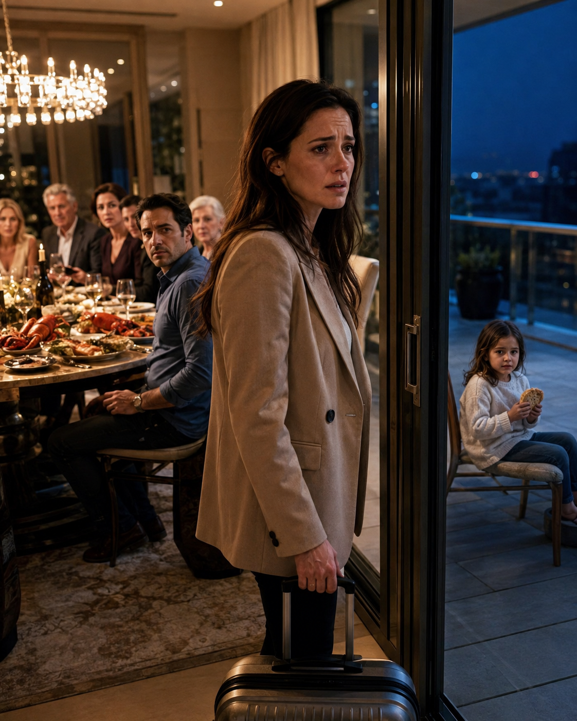 My husband told me, “Don’t cause a scene,” after I discovered our three-year-old daughter sitting by herself on the balcony with a dry bread roll while six adults indulged in an extravagant seafood dinner—paid for entirely with my paycheck.