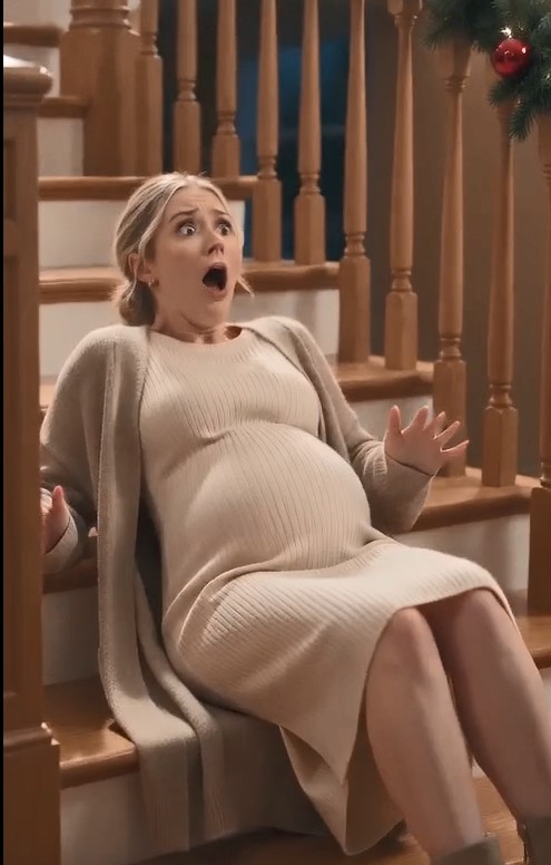 The Brother-in-Law forcefully shoves both hands into the Pregnant Wife’s back while she is standing at the top of the staircase.