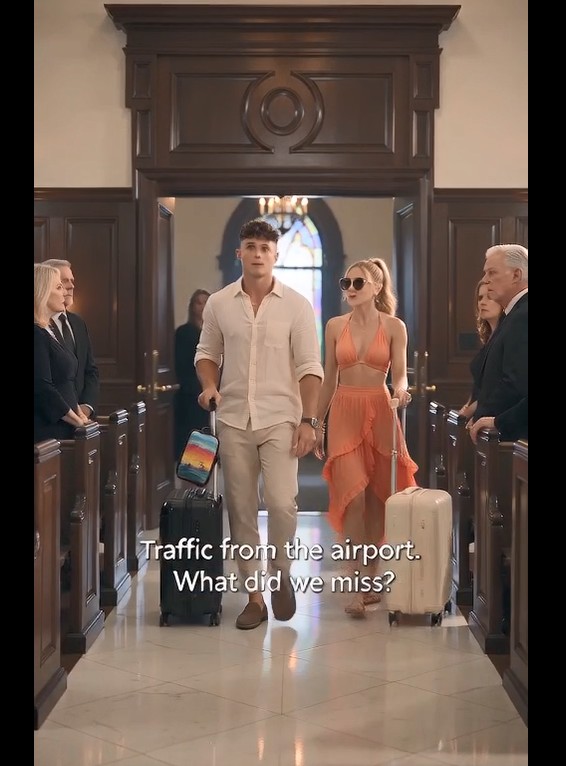 Emilio and Clarissa step into the private Mafia funeral pulling matching travel suitcases while the service is already underway.