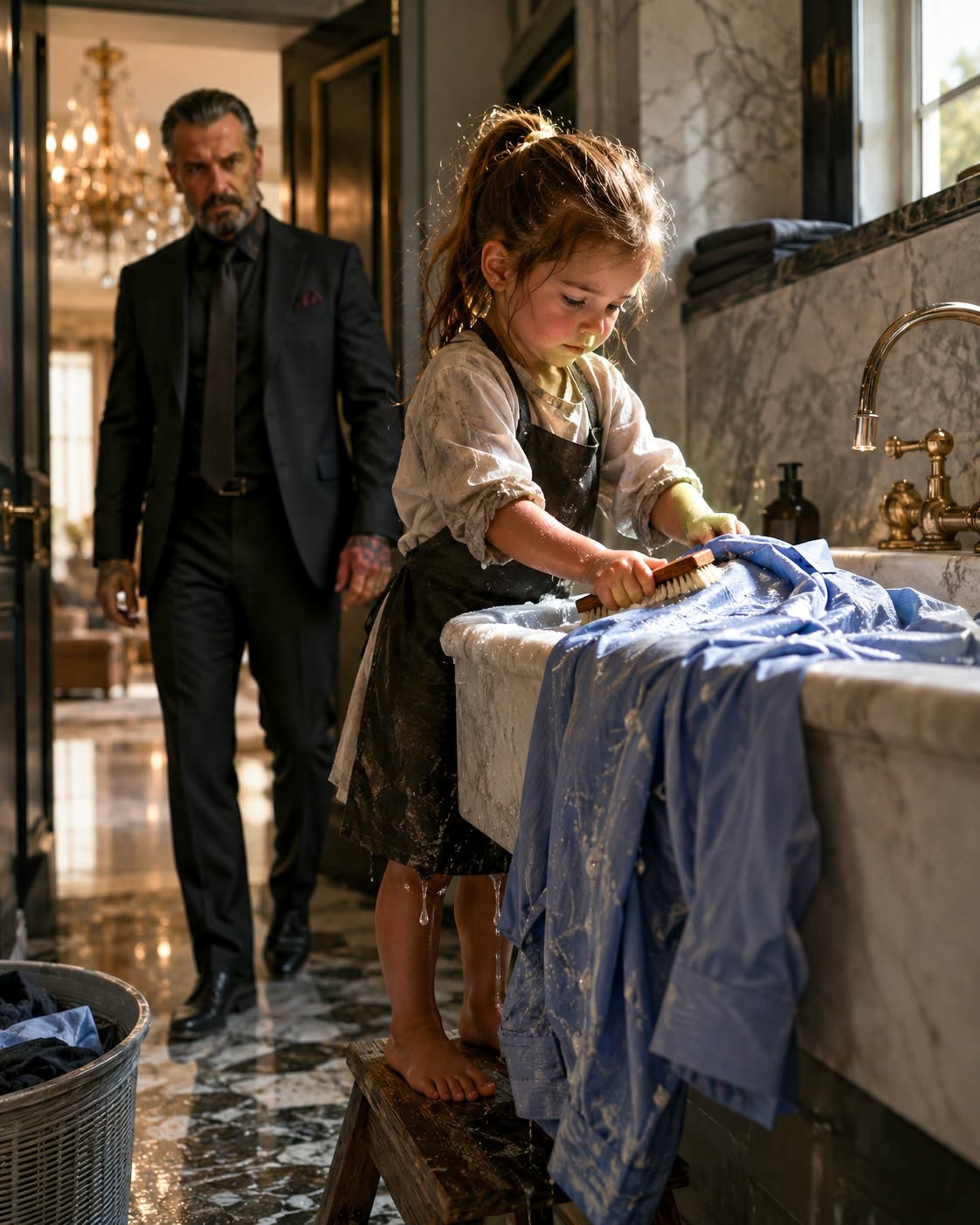 The mafia boss came home early and found a four-year-old scrubbing his bloody-looking shirt—but what she whispered about her sick mother made him shut down the entire mansion.