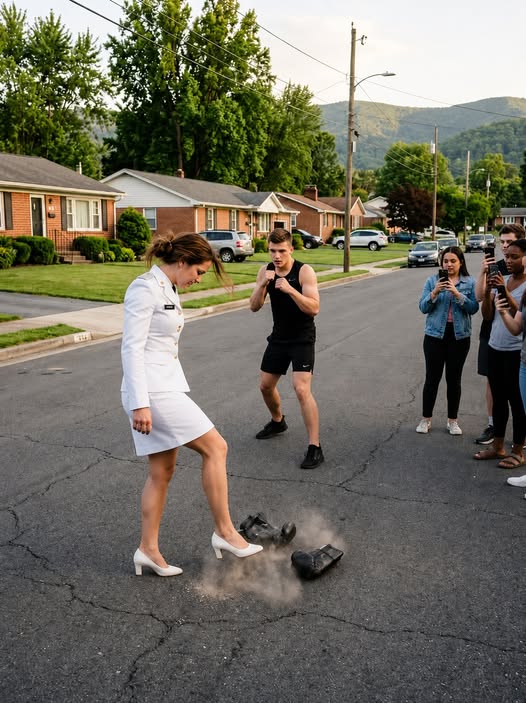 A cocky 22-year-old MMA fighter challenged the “quiet mom next door” to a street fight while his father filmed—then someone in the crowd recognized my military insignia.