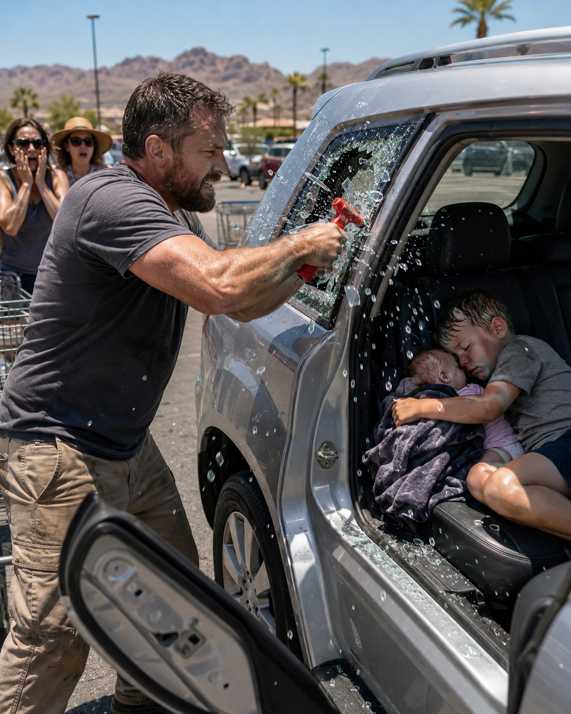 I smashed a stranger’s car window to save a five-year-old from the deadly heat—then he moved, and what I found hidden underneath him made the entire parking lot go silent.