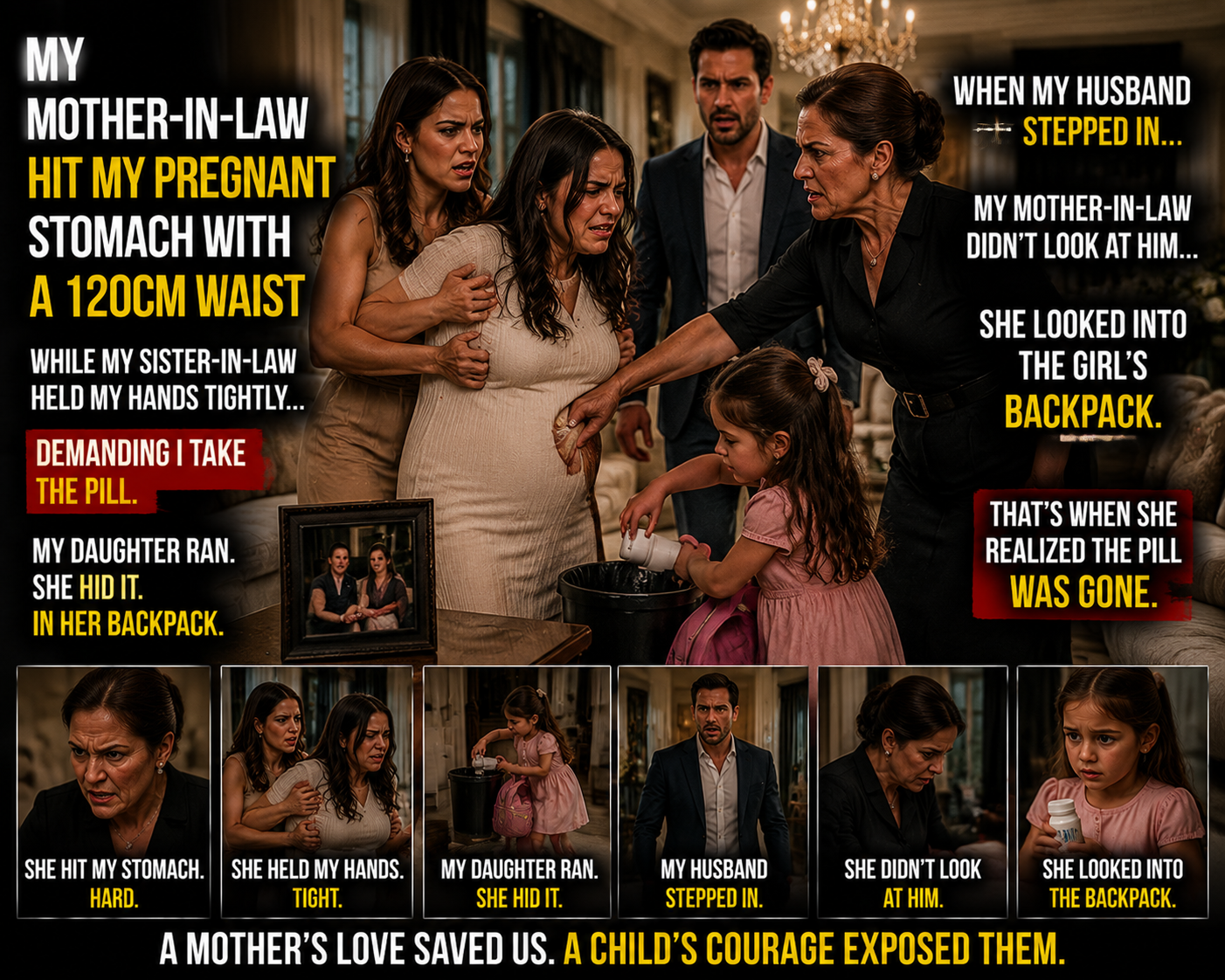 MY MOTHER-IN-LAW HIT MY PREGNANT BELLY WHILE MY SISTER-IN-LAW HELD MY ARMS, FORCING ME TO TAKE THE CONTRACEPTIVE PILLS THEY HAD PUT ON THE TABLE. I REFUSED, BUT MY LITTLE DAUGHTER RAN IN, GRABBED THE BOTTLE, AND HID IT IN HER BACKPACK. WHEN MY MULTIMILLIONAIRE HUSBAND WALKED IN, MY MOTHER-IN-LAW DID NOT LOOK AT MY FACE… SHE LOOKED AT THE CHILD’S BACKPACK.