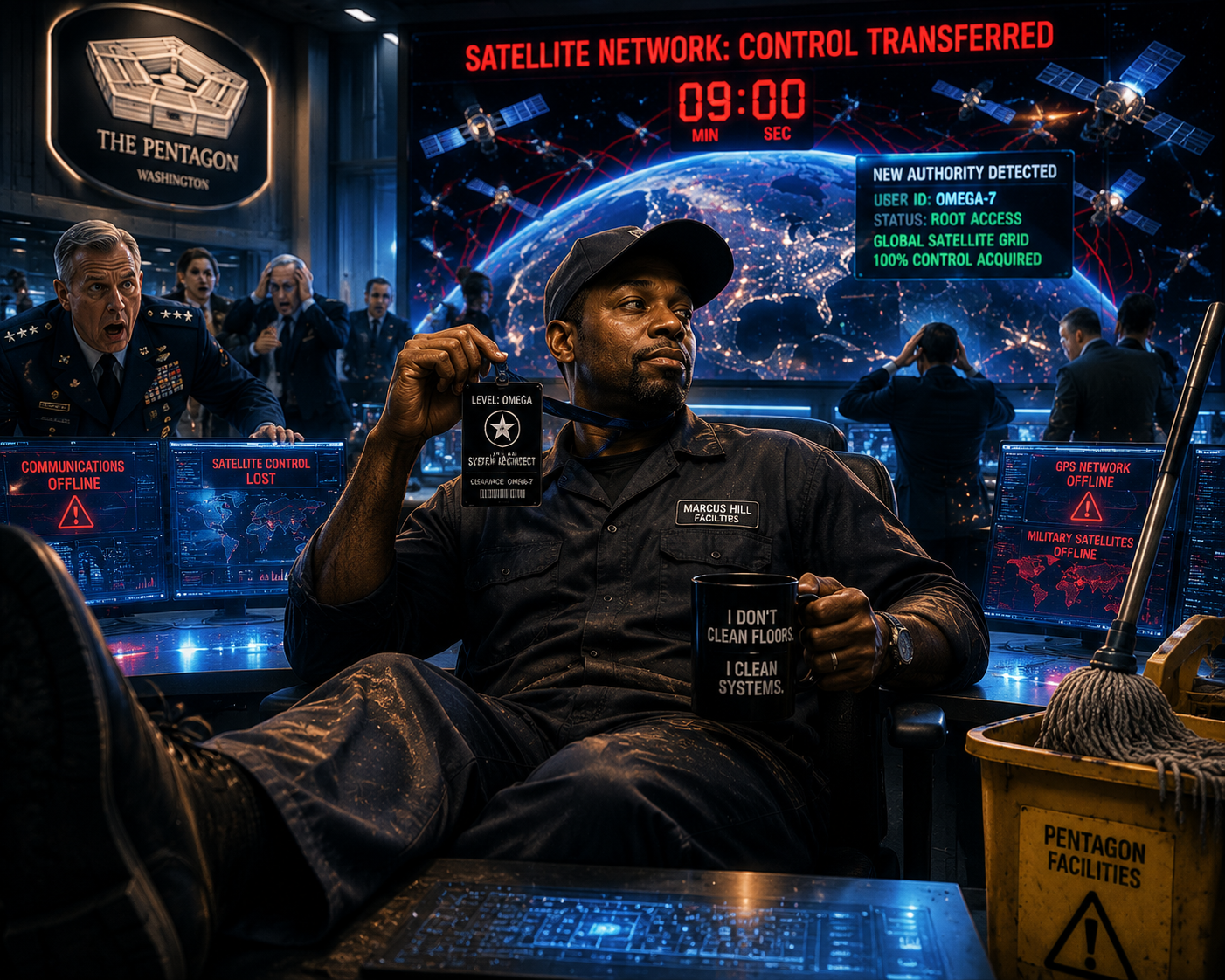 THEY FIRED THE JANITOR… THEN THE PENTAGON LOST CONTROL OF EVERY SATELLITE IN 9 MINUTES