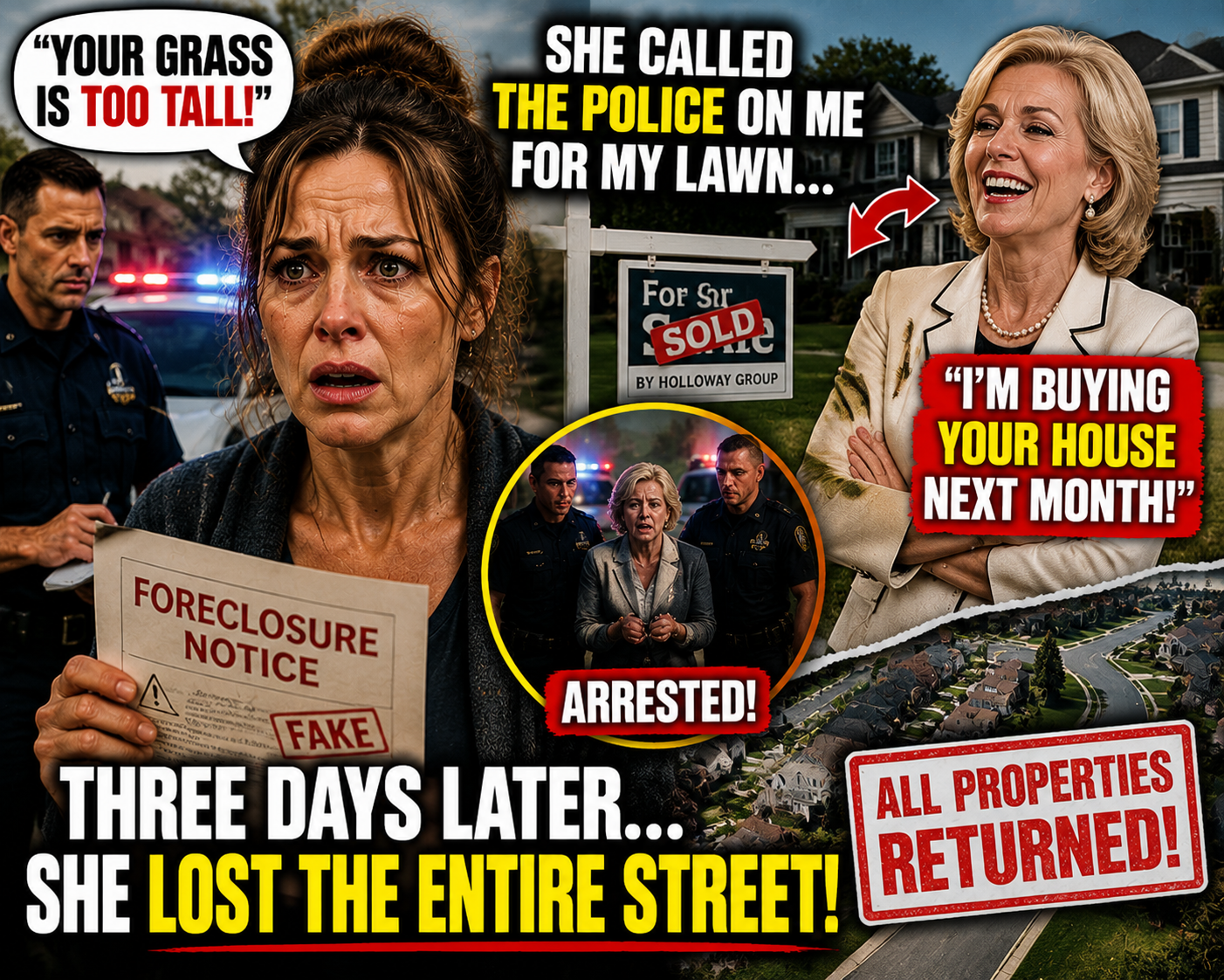 MY NEIGHBOR CALLED THE POLICE BECAUSE MY GRASS WAS TOO TALL... THREE DAYS LATER SHE LOST THE ENTIRE STREET