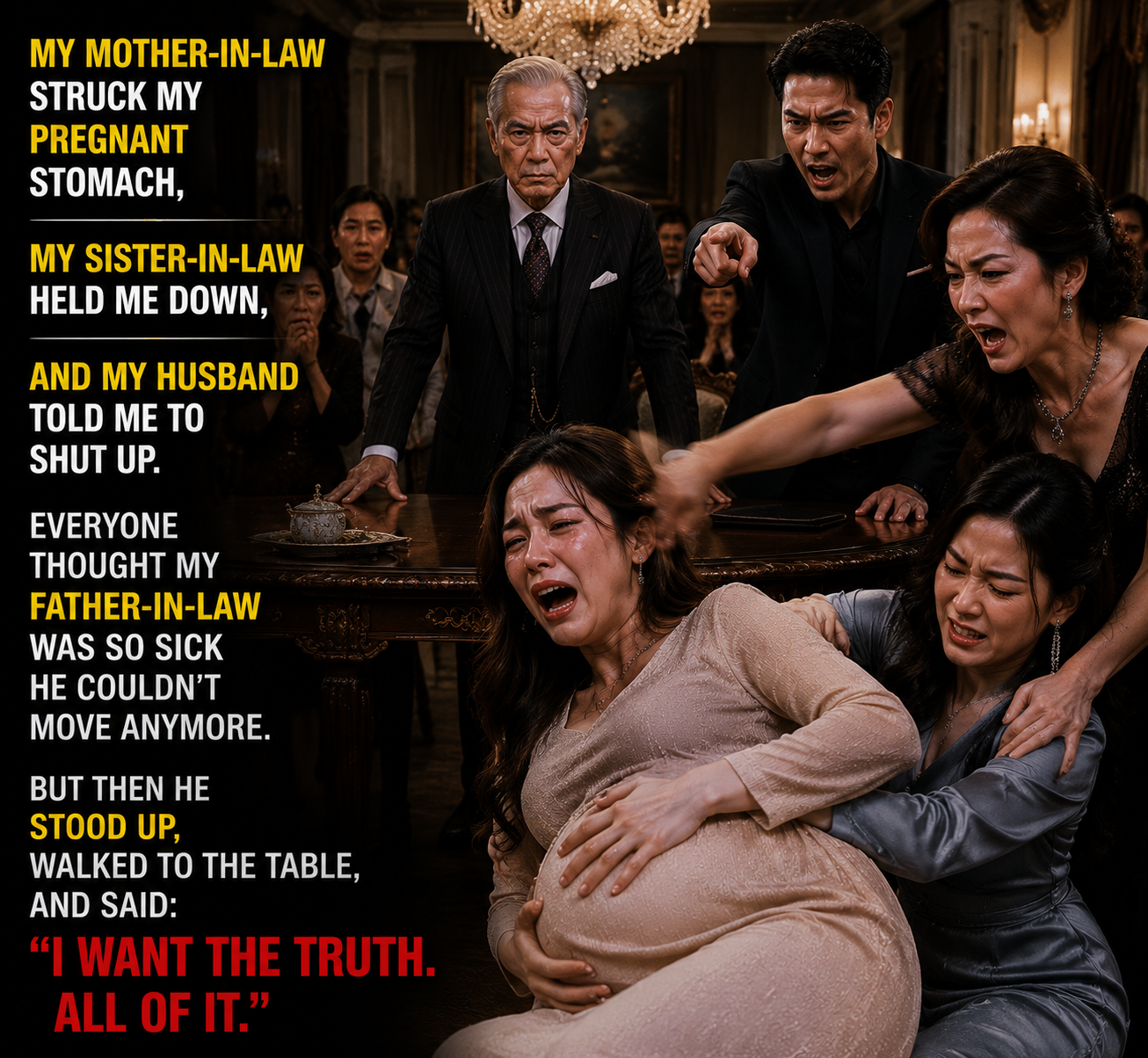 MY MOTHER-IN-LAW STRUCK MY PREGN͛ANT STOMACH, MY SISTER-IN-LAW HELD ME DOWN, AND MY HUSBAND TOLD ME TO SHUT UP. EVERYONE THOUGHT MY FATHER-IN-LAW WAS SO SICK HE COULDN’T MOVE ANYMORE. BUT THEN HE STOOD UP, WALKED TO THE TABLE, AND SAID: “I WANT THE TRUTH. ALL OF IT.”