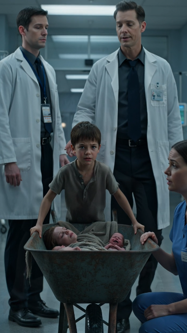 Chapter 2: The Promise He Refused to Break  The emergency room exploded into motion.  Doctors lifted the unconscious woman from the rusty wheelbarrow while nurses carefully gathered the two crying newborns into warming blankets.  But the little boy refused to move.  His fingers stayed locked around the broken wooden handles.  "Son," a nurse whispered gently. "We'll take care of them."  He slowly shook his head.  "I promised Mom..."  "...I wouldn't let anyone take them away."  The room grew quiet.  The nurse knelt beside him.  "No one is taking your family."  The boy finally loosened his grip.  Only then did everyone notice the deep cuts covering his small hands.  Fresh blisters.  Old scars.  The hands of a child who had worked far beyond his years.  The doctor looked at him carefully.  "When did your mother collapse?"  The boy blinked slowly.  "I don't know..."  "She stopped talking yesterday."  His voice remained calm.  Almost too calm.  "And when was the last time you slept?"  He stared blankly at the floor.  "I don't remember."  The doctor exchanged a worried glance with the nurse.  Exhaustion had become so normal that the child no longer recognized it.  As another nurse removed the torn backpack from the wheelbarrow, something heavy fell onto the floor.  A small metal lunchbox.  Inside...  there wasn't any food.  Only a stack of unpaid hospital bills.  A birth certificate for the twins.  And one sealed envelope with four words written across the front.  For Their Father.  The doctor slowly looked up.  "Who is their father?"  The little boy swallowed.  "I've never met him."  Then, after a long silence, he whispered something that made every nurse stop working.  "Mom said..."  "...he doesn't even know they exist."  The doctor slowly opened the envelope.  Inside was a photograph.  The moment he saw the man's face...  his expression completely changed.  Because he knew exactly who the father was.