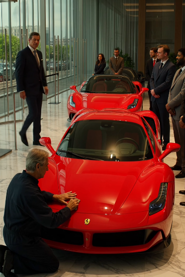 Chapter 2: The Trap Revealed  Outside, television cameras lined the entrance.  Microphones.  News vans.  Luxury influencers holding phones.  The billionaire who mocked the old washer suddenly understood.  Someone had tipped off the media.  But not to celebrate a Ferrari delivery.  To destroy Arthur Harrison.  Within minutes, headlines began spreading online.  "Legendary Investor Secretly Forced to Wash Cars?"  "Luxury Empire Exploits Elderly Workers?"  Arthur quietly read the headlines.  Then smiled.  "They're using old photographs."  The manager frowned.  "What photographs?"  Arthur pointed at one article.  The image showed him cleaning vehicles several weeks earlier.  Someone had secretly taken pictures during his private Friday routine.  "They're trying to make it look like I'm hiding abuse inside the company."  The millionaire looked horrified.  "I... I didn't call them."  Arthur believed him.  "I know."  Then Arthur walked outside.  Hundreds of cameras immediately turned toward him.  One reporter shouted,  "Mr. Harrison! Were you forced to clean luxury cars because of your age?"  Arthur chuckled.  "I asked for the job."  Confused silence.  "I've done it every Friday for twenty-eight years."  He invited every reporter into the employee lounge.  Inside, photographs covered an entire wall.  Arthur washing cars in the 1990s.  Arthur serving lunch to mechanics.  Arthur replacing tires beside apprentices.  Arthur attending the weddings of former employees.  One elderly mechanic stepped forward.  "He paid for my daughter's cancer treatment."  Another spoke.  "He gave me my first job after prison."  A young engineer smiled.  "He paid for my engineering degree."  The story collapsed instantly.  The reporters lowered their cameras.  The millionaire wished he could disappear.  But Arthur wasn't finished.  He walked toward him.  "I'm giving you a chance."  The millionaire looked up hopefully.  "I don't want revenge."  "I want honesty."  Arthur held out the same microfiber towel.  "Spend one day working beside the people you think are beneath you."  "You may discover who you really are."  The millionaire slowly accepted the cloth.  His hands shook.  For the first time in years...  He felt ashamed.  But neither man noticed the woman quietly recording everything from the second floor balcony.  She wasn't a journalist.  She was Arthur's estranged daughter.  And she had returned for one reason only.