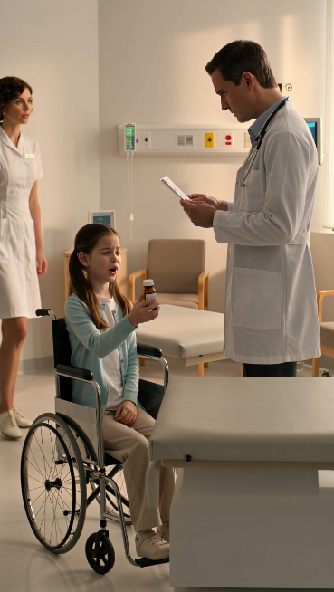 Chapter 2 – The Prescription That Should Never Exist  Doctor Ethan Carter stared at the bottle for several long seconds before placing it carefully on the examination table.  The room had gone unnaturally quiet.  Nurse Olivia stepped closer.  "What is it?" she whispered.  Ethan didn't answer immediately.  Instead, he turned the bottle around so she could read the label.  Her face instantly lost its color.  "That's impossible..."  The medication wasn't designed for children.  It wasn't even approved for hospitals.  It was an experimental neurotoxin developed years earlier for maximum-security correctional facilities—a drug capable of permanently damaging the spinal cord when repeatedly administered.  One injection could weaken muscles.  Several doses could leave someone unable to walk for the rest of their life.  Ethan slowly looked at the little girl.  "Sweetheart... what's your name?"  "Emma."  "And who gave you this bottle?"  Emma hesitated.  "My aunt Rebecca."  The answer hit Ethan harder than he expected.  Rebecca Lawson.  He knew that name.  She wasn't a nurse.  She wasn't a doctor.  She was Emma's legal guardian after her parents had died in a highway accident two years earlier.  Ethan opened Emma's medical file.  His heartbeat accelerated.  Every neurologist had written the same conclusion.  No spinal injury.  No nerve disease.  No medical explanation for permanent paralysis.  Yet somehow...  Emma had been in a wheelchair for eighteen months.  "Emma," Ethan asked softly.  "Has Aunt Rebecca been giving you medicine every day?"  Emma nodded.  "She says my legs will only work if I keep taking it."  Tiny tears rolled down her cheeks.  "I tried to stop once..."  "...and she told me I'd die."  Ethan slowly closed the file.  Someone hadn't been treating Emma.  Someone had been creating her disability.  And whoever did it had counted on no one ever discovering the truth.  Outside the examination room...  Rebecca had just arrived.  And she was walking straight toward the door.