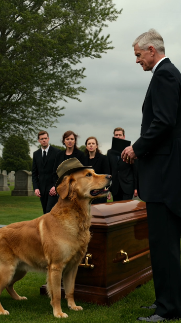 Chapter 2 — The Secret Beneath the Coffin  The priest slowly lowered his prayer book.  For the first time in forty years of conducting funerals, he could not force himself to speak another word.  The Golden Retriever stood frozen in front of the coffin, every muscle locked tight. His deep growl rolled through the cemetery, not at the mourners—but at the freshly dug grave.  Then he lunged.  With desperate determination, the dog began clawing at the wet earth beside the burial site.  "Duke! Stop!" one of the hunters shouted.  Nobody could pull him away.  His paws tore through the mud until blood stained his golden fur.  Suddenly—  Clang.  His claws struck metal.  Everyone froze.  The groundskeeper knelt down and brushed away the dirt.  A rusted steel box.  No one knew how it had gotten there.  The sheriff, who had attended the funeral out of respect for the late hunter, carefully forced the lock open.  Inside were dozens of photographs.  Maps.  A weathered notebook.  And one sealed envelope.  Across the front, in the hunter's unmistakable handwriting, were six chilling words:  "Open only if Duke refuses."  Silence swallowed the cemetery.  The sheriff slowly broke the seal.  His face drained of color.  "This funeral..." he whispered.  "...was never supposed to happen today."  Every relative stared at him.  "What do you mean?"  The sheriff looked toward the surrounding forest.  "He believed someone was coming back."  And almost on cue—  A distant rifle shot echoed through the trees.