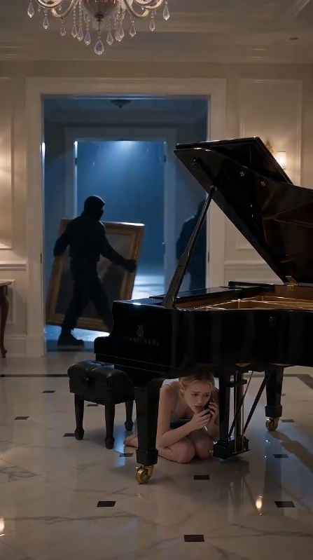 CHAPTER 2 — THE WOMAN ON THE SCREEN  Emma's tiny hand trembled so violently she almost dropped the phone.  The glowing security screen beneath the piano filled with live camera feeds from every room in the mansion.  One by one...  The foyer.  The gallery.  The wine cellar.  The upstairs hallway.  Then Camera Seven appeared.  Emma's breath caught.  Victoria.  Her stepmother.  She wasn't tied up.  She wasn't hiding.  She wasn't frightened.  She was calmly directing the masked men as if she had planned every second of the robbery.  "Leave the sculptures," Victoria ordered coldly.  "The buyer only wants the paintings... and the documents from Richard's study."  One burglar hesitated.  "What about the little girl?"  Victoria didn't even blink.  "If you find Emma..."  She paused just long enough to smile.  "...make sure she never talks."  Emma covered her mouth to stop herself from crying.  On the phone, Richard heard everything.  His voice remained terrifyingly calm.  "Emma."  "Daddy..."  "I need you to listen carefully."  "I'm scared."  "I know."  "You remember the story about pirates hiding treasure?"  Emma nodded before realizing he couldn't see her.  "Yes."  "Good."  "The piano isn't just hiding cameras."  "It hides something else."  Before Emma could ask what he meant...  A loud crash echoed through the hallway.  "They're searching this room!"  one of the burglars shouted.  Heavy footsteps rushed toward the music room.  Someone grabbed the doorknob.  The handle slowly began to turn.  Emma stopped breathing.  Then...  The entire mansion suddenly went dark.  Every light disappeared.  Even the security screen went black.  And someone outside whispered...  "She's in here."