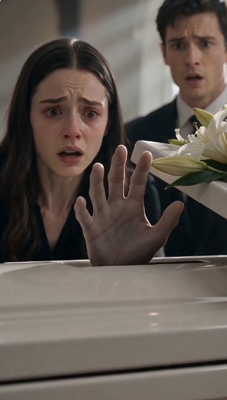 CHAPTER 2: THE WOMAN THEY BURIED  For one endless second, no one moved.  The pale hand rested against the broken edge of the coffin.  Clara's breath caught.  "Olivia...?"  The funeral chapel fell into complete silence.  Then the fingers twitched again.  Not violently.  Not dramatically.  Just enough for everyone to see.  The priest slowly lowered his Bible.  Several mourners backed away in disbelief.  Ethan's face lost every trace of color.  "No..." he whispered. "That's impossible."  Clara dropped the hammer.  It hit the marble floor with a dull thud.  She rushed to the coffin and carefully pushed the damaged lid aside.  Inside lay Olivia.  Her skin was pale.  Her eyes remained closed.  But her chest...  It rose ever so slightly.  "She's breathing!" Clara cried.  The room erupted into confusion.  Someone called emergency services.  Another guest checked for a pulse.  "It's weak," an elderly doctor attending the funeral said.  "But she's alive."  Paramedics arrived within minutes.  As they carefully lifted Olivia onto a stretcher, a folded note slipped from beneath her hand.  Clara unfolded it with trembling fingers.  It contained only one sentence.  If you're reading this... don't trust Ethan.  Clara looked up.  Ethan was gone.  His seat beside the front row stood empty.  Outside the chapel, the sound of a car speeding away echoed through the rain.  For the first time since Olivia's supposed death, Clara realized this had never been an accident.  Someone had wanted Olivia buried forever.  And the man running away had been standing beside her coffin all morning.