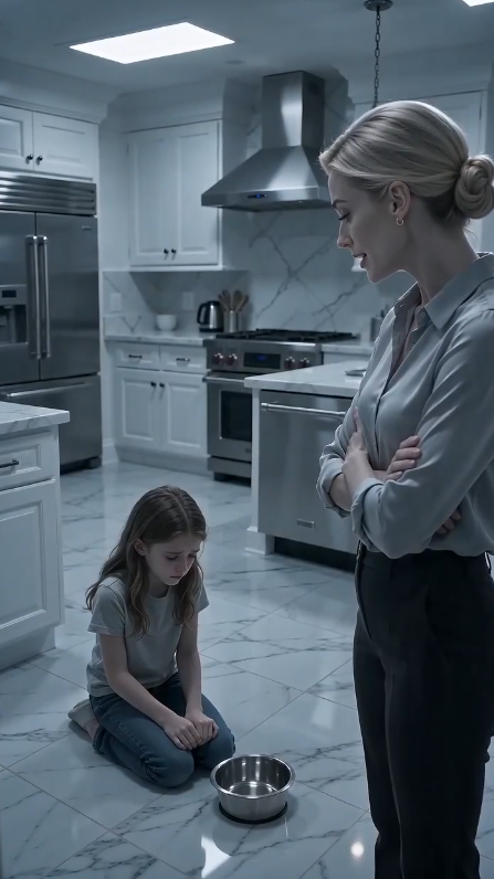 CHAPTER 2: THE VIDEO SHE NEVER KNEW EXISTED  "If you're hungry," Cassandra said softly, her voice almost gentle, "then you'll eat where animals eat."  Little Lily wiped her tears with the sleeve of her faded pajamas.  "I'm sorry..." she whispered.  "For what?" Cassandra asked.  "For... making you angry."  Cassandra crouched until they were eye level.  "You don't apologize because you're sorry."  "You apologize because you're learning your place."  Marcus felt the blood drain from his face as he watched the security footage from his office.  His seven-year-old daughter slowly lowered her head toward the stainless-steel dog bowl.  She wasn't acting confused.  She wasn't resisting.  She behaved like this had happened before.  Marcus paused the recording.  His hands trembled.  Then he rewound it.  Again.  Again.  Every second revealed another piece of the nightmare.  Cassandra glanced toward the kitchen clock.  Then toward the hallway.  Only after confirming Marcus was still working late at the company did she remove her sweet smile.  It disappeared instantly.  Like flipping a switch.  The woman who hosted charity galas...  Who volunteered at children's hospitals...  Who called herself Lily's "second mommy"...  Looked like a complete stranger.  Marcus immediately searched older recordings.  One day.  Then another.  Then an entire month.  Each night followed the same pattern.  When he left the mansion...  Cassandra transformed.  Sometimes she forced Lily to stand facing the wall for hours.  Sometimes she threw away the little girl's dinner and laughed while feeding expensive steak to the family dog.  Sometimes she whispered things so quietly the microphones barely caught them.  "No one loves broken little girls."  "If your father knew how difficult you are, he'd send you away."  "You're the reason your real mother died."  Marcus slammed his fist onto the desk.  The framed photograph of his late wife fell onto the hardwood floor.  He picked it up with shaking hands.  Emily's smile looked exactly as it had the day Lily was born.  "I promised I'd protect her," he whispered.  "And I failed."  But not anymore.  He copied every second of the recordings onto three encrypted flash drives.  One stayed in his pocket.  One went into his office safe.  The third he handed to his attorney before sunrise.  "If anything happens to me," Marcus said quietly, "release every file."  The lawyer stared at the videos in horror.  "Marcus..."  "You need the police."  Marcus slowly shook his head.  "Not yet."  "I want her to believe she's still winning."  Because monsters were always careless...  Right before they lost everything.