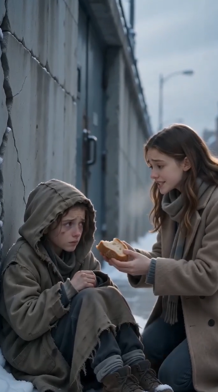 CHAPTER 2 — The Woman Behind the Door  The heavy metal door crashed against the brick wall.  Both little girls jumped.  A tall woman in an expensive fur coat stormed out of the old bakery, her face twisted with anger.  "There you are!"  She wasn't looking at the homeless child.  She was staring at the little girl in the camel coat.  "Emily! What are you doing sitting on that filthy ground?"  Emily slowly stood up.  "I'm helping her."  The woman glanced at the half loaf of bread.  "You gave away your lunch?"  Emily nodded.  "She was hungry."  The woman's expression hardened.  "Get in the car. Now."  Emily didn't move.  Instead, she stepped in front of the homeless girl.  "No."  The woman blinked.  "What did you say?"  Emily swallowed.  "If she's hungry... then she eats first."  The homeless girl looked down, ashamed.  "You don't have to..."  Emily smiled softly.  "My daddy says food tastes better when it's shared."  The woman grabbed Emily's wrist.  "We're leaving."  But before she could pull her away...  An elderly man stepped out from the bakery doorway.  He wore a flour-covered apron.  His weathered eyes rested quietly on the homeless child.  Then his face suddenly changed.  His hands began to tremble.  "...Lily?"  The little girl slowly looked up.  No one had called her that name...  ...for almost three years.  Tears filled the old baker's eyes.  "My God..."  "My granddaughter..."  Silence swallowed the street.