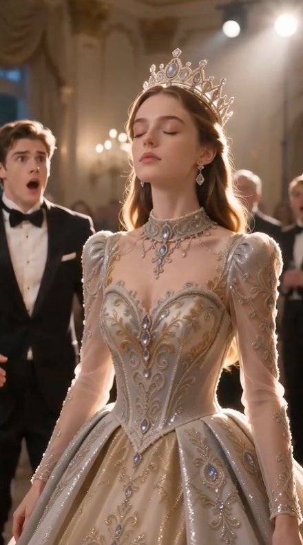 PART 2 — THE PRINCESS NO ONE WAS SUPPOSED TO FIND  The silence inside the ballroom became unbearable.  No one moved.  No one breathed.  Julian Ashford stared at the crown resting upon Amelia's head as though reality itself had shattered.  "...Impossible."  An elderly man suddenly dropped to one knee.  Then another.  And another.  Within seconds, dozens of royal guards hidden among the guests stepped forward, drawing ceremonial swords before lowering them in respect.  "Your Highness..."  The words echoed through the ballroom.  Every guest gasped.  Julian frowned.  "What ridiculous joke is this?"  Before anyone answered, the grand doors exploded open.  A procession entered.  Gold banners.  Royal guards.  State officials.  At their center walked a tall silver-haired gentleman wearing the insignia of the International Royal Council.  He stopped before Amelia.  Then bowed so deeply his forehead nearly touched the marble floor.  "Princess Amelia Eleanor Ravenshire..."  "We have searched for you for twenty-four years."  The ballroom erupted.  Princess?  The maid?  Julian laughed nervously.  "No."  "She's an orphan."  "She cleaned floors."  "She served drinks."  The old official slowly turned toward him.  "No."  "She disappeared as an infant after the Ravenshire Palace fire."  "The child everyone believed had died."  Amelia closed her eyes.  Memories flooded back.  A burning palace.  A woman placing a tiny golden necklace around her neck.  A desperate whisper.  "Live... no matter what happens..."  The necklace she had worn since childhood suddenly glowed beneath her gown.  The official lifted it carefully.  "The Royal Crest."  "There is only one in existence."  Julian's face drained of color.  Everything...  Everything he believed about the poor maid...  Had been a lie.  But Amelia wasn't smiling.  Instead, she quietly asked,  "If I truly am the princess..."  "...who stole my life?"  No one answered.  Because everyone in the room already feared the answer.