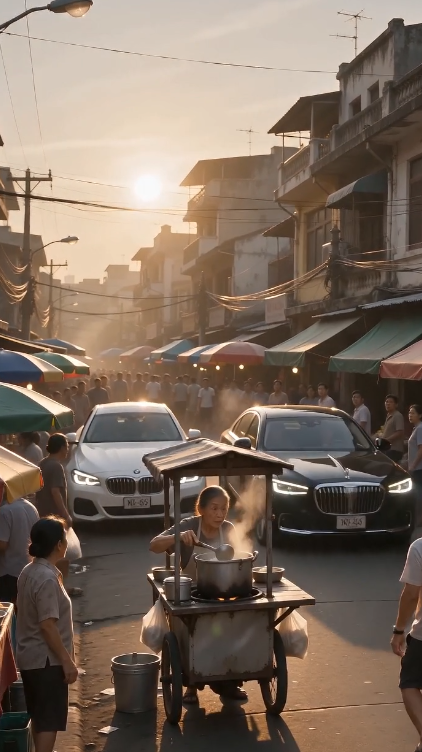 CHAPTER 2 — The Name Hidden in the World  That afternoon, the street was no longer the same.  People weren’t buying food anymore.  They were watching.  The three strangers hadn’t left.  Neither had the cars.  And now, more vehicles were arriving—black sedans, government plates, news vans stopping at a distance.  Shiomara wiped her hands slowly, unsure whether to continue cooking or step away from reality.  The woman in white spoke quietly.  “We didn’t just survive because of you.”  She hesitated.  “We built everything because of you.”  Shiomara frowned.  “Built what?”  The man in black suit reached into his coat and pulled out his phone.  He turned the screen.  A global news headline flashed:  “FOUNDATION BEHIND WORLDWIDE CHILD FEEDING NETWORK REVEALED — CEO IDENTITY STILL UNKNOWN”  Below it… a blurred image.  A woman behind a food cart.  Her.  Shiomara stepped back instinctively.  “No… I never signed anything.”  The man nodded.  “That’s why it worked.”  Silence.  He continued.  “You gave without conditions. So we built something that required none.”  The woman’s voice broke slightly.  “You fed three starving children under a bridge.”  A pause.  “And we turned that moment into millions being fed every day.”  Shiomara’s breath grew shallow.  “You’re saying… this is all because of me?”  The man in blue suit shook his head slowly.  “No.”  He looked at her directly.  “It became this because you were the only person who didn’t treat us like we were already gone.”  A long silence followed.  Then—  The woman stepped closer and placed a small keycard on the cart.  “This opens everything under your name.”  Shiomara stared at it.  “Everything?”  The man nodded once.  “Everything you built without knowing.”  And then he added, quieter:  “But someone else has just found out too.”  From across the street, a black car door opened.  And someone inside was watching her… without blinking.