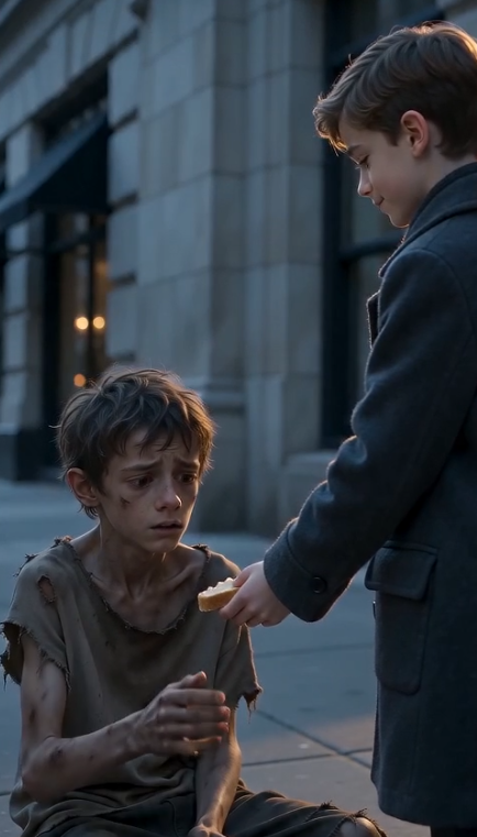 CHAPTER 2 — THE MAN WHO SHOULD NOT EXIST  The man walked out slowly, each step controlled, deliberate.  His eyes moved from the mother… to the starving boy… and then to the silver chain.  His face turned pale.  “No…” he whispered.  The mother turned sharply.  “You know him?” she asked, voice breaking.  The man didn’t answer immediately. Instead, he looked at the ground like it was suddenly unstable.  Then he said:  “That child was never supposed to survive.”  Silence dropped like a stone.  The starving boy stepped back instinctively.  The rich boy tightened his grip on his mother’s sleeve.  “Mommy… what is he talking about?”  The mother shook her head violently.  “No. No, this is impossible.”  But the man continued, voice lower now:  “There was an accident… eight years ago. One child was declared dead. The records were sealed.”  He looked directly at the starving boy.  “And the other… was taken home.”  The wind stopped.  For a moment, even the traffic felt like it paused.  The starving boy whispered:  “I remember… crying… two voices…”  The mother covered her mouth again, shaking harder now.  The rich boy suddenly stepped forward between them.  “I don’t understand,” he said. “Why do I feel like I know him?”  That sentence made everything worse.  Because the man in the suit finally spoke the truth no one wanted:  “Because you were both born from the same mother.”
