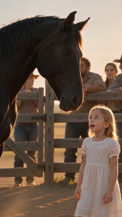 Chapter 2: The Promise Her Father Made  No one answered the rancher's question.  The little girl simply rested her hand against the stallion's forehead, her fingers disappearing beneath the thick black forelock. The enormous horse closed its eyes for a brief moment, releasing a slow breath that stirred the dust around their feet.  The silence unsettled everyone.  The rancher swallowed hard.  "What's your name, sweetheart?"  "Emma," she replied.  "And how do you know this horse?"  Emma hesitated.  "My daddy raised him."  The words landed like thunder.  Several ranch hands exchanged confused looks.  The rancher's weathered face lost its color.  "Your father..." he whispered. "What's his name?"  "Daniel Carter."  The rope slipped from the rancher's hand.  Twenty years earlier, Daniel Carter had been the finest horse trainer the county had ever known. Wild horses trusted him. Broken horses recovered because of him. Ranches across the state competed to hire him.  Then one spring afternoon, Daniel disappeared without a trace.  Some believed he had abandoned the ranch.  Others believed he had died crossing the mountains during a wildfire.  His black colt vanished the very same week.  No one had ever found either of them.  Until today.  The rancher slowly looked back at the stallion.  "So... you're Midnight."  The stallion lifted his head the instant he heard the old name.  A low, familiar nicker escaped his throat.  Several older ranch hands gasped.  "It really is him."  Emma looked confused.  "You know Midnight?"  The rancher nodded slowly.  "I helped your father deliver him the night he was born."  Emma's eyes widened.  "My daddy said Midnight would always remember kindness."  The rancher looked away, ashamed.  "We should have looked harder for your father."  Emma quietly reached into the pocket of her faded dress.  She unfolded a worn photograph.  In it, a smiling young man stood beside a tiny black foal while a toddler laughed in his arms.  The rancher recognized both of them instantly.  His voice cracked.  "Daniel never abandoned anyone."