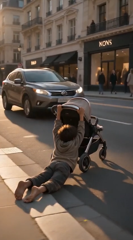 Chapter 2: The Coins She Could Never Ignore  The woman's fingers tightened around the stroller handle.  For the first time that day, she truly looked at the little boy.  Not through him.  At him.  His knees were scraped raw against the concrete. Blood trickled from the palm he had used to stop the stroller. His oversized hoodie barely hid how painfully thin he was.  Without another word, she knelt beside him.  "You don't have to pick them up," she whispered.  She reached into her designer wallet and pulled out several hundred-dollar bills.  The boy slowly shook his head.  "I wasn't asking for new money."  His voice was quiet.  "I just wanted my coins back."  "They're mine."  The words hit harder than any accusation.  Those coins weren't just spare change.  They were hours of sitting in the cold.  Hours of hunger.  Hours of people pretending he didn't exist.  Silently, the woman stepped into the street herself.  One by one, she picked up every single coin.  Drivers waited patiently as she searched beneath parked cars, under the curb, even inside a storm drain where one nickel had nearly disappeared.  When she returned, she poured every coin back into his paper cup.  "I think that's all of them."  The boy counted them carefully.  Thirty-four dollars and seventy-two cents.  He smiled for the first time.  "Thank you."  Not because she had money.  Because she had respected what little he owned.