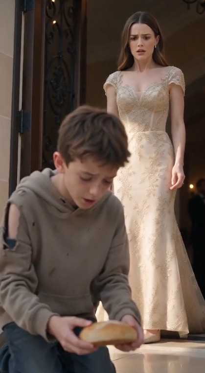 Chapter 2 – The Name She Never Forgot  The little boy held her gaze for a long moment before answering.  "My mom."  His voice was quiet, almost afraid the words might disappear if he spoke too loudly.  "She said your name was Evelyn."  The bride's breath caught.  No one had called her that in connection with her past for almost nine years.  Around them, the laughter from the wedding reception faded into meaningless background noise. The waiter stood frozen, suddenly realizing he had become invisible in a story much bigger than himself.  Evelyn slowly knelt until she was eye level with the child.  "What... what is your mother's name?"  "Lily."  The name struck her like a wave.  Lily Harper.  Her college roommate.  Her closest friend.  The woman who had disappeared without a trace after leaving the city.  Evelyn remembered the night Lily had shown up at her apartment carrying a newborn baby wrapped in a faded blue blanket.  "I'm leaving," Lily had whispered through tears.  "If anything ever happens to me... promise you'll protect him."  Evelyn had promised.  But before sunrise, Lily was gone.  She searched for months.  Police found nothing.  Every lead ended in silence.  Now that same baby stood in front of her.  Only he wasn't a baby anymore.  He was an eight-year-old boy holding a dirty piece of bread like it was treasure.  Tears filled Evelyn's eyes.  "What happened to your mother?"  The boy looked down.  "She got sick."  He swallowed hard.  "She died three weeks ago."  The world around Evelyn stopped.