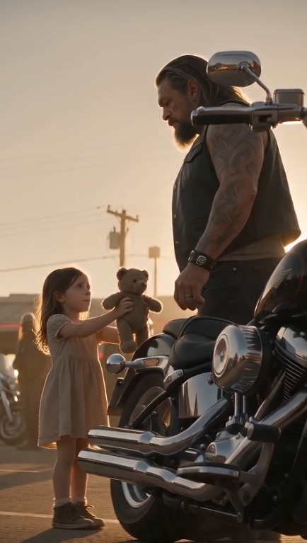 Chapter 2 — The Promise He Never Broke  Tank couldn't speak.  His enormous hands still gripped the faded photograph while every man in the parking lot waited for him to say something.  Anything.  Instead...  He slowly looked at the little girl.  "What's your name?"  She wiped her face with the sleeve of her dirty yellow dress.  "Lily."  The name struck him harder than any fist.  Emily...  Years ago, beneath an old oak tree outside the county fair, Emily had laughed as she rested both hands on her growing stomach.  "If we ever have a little girl," she'd whispered, "I want to call her Lily."  Tank staggered backward.  Nobody else knew that name.  Nobody.  His oldest friend, Razor, stepped closer.  "Tank..."  Tank raised one trembling hand.  "Not now."  He knelt in front of Lily despite the gravel digging into his knees.  "Where's your mother?"  Lily looked down.  "She couldn't come."  "Why?"  Silence.  Then...  "Because she's dying."  The words emptied the entire parking lot.  A beer bottle slipped from one biker's hand and shattered against the pavement.  Nobody reacted.  Tank felt the air disappear from his lungs.  "When?"  "The doctors said... maybe today."  Lily reached into the teddy bear again.  "There was one more thing."  She handed him a folded envelope stained with dried blood.  Across the front, written in familiar handwriting:  For Tank. Only if I'm gone.  His hands shook so violently he almost dropped it.  Inside was a letter.  Tank...  If you're reading this, then I ran out of time.  I never lied to Lily.  I told her every day that her father wasn't the man who abandoned us...  He was the man who never knew we still existed.  Tank's vision blurred.  He remembered the night he had returned from deployment.  Emily's apartment...  Empty.  Neighbors saying she had disappeared.  No forwarding address.  No phone.  Nothing.  He had searched for months.  Years.  Eventually everyone convinced him she had moved on.  She hadn't.  Someone had made sure they never found each other.  Tank slowly folded the letter.  Only one person had known every detail of his search.  Only one person had always insisted Emily had "left willingly."  Razor.  Tank looked up.  Razor suddenly refused to meet his eyes.  For the first time in twenty-five years...  Tank wondered if his closest brother had been lying to him all along.